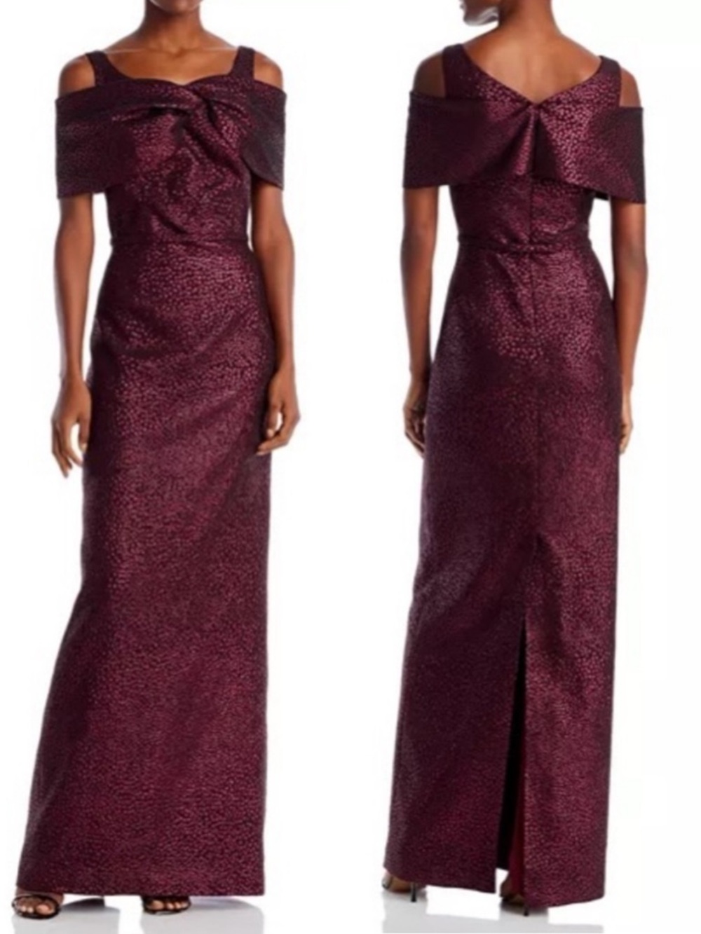 NWT Rickie Freeman For Teri Jon Off The Shoulder Metallic Jacquard Gown Wine